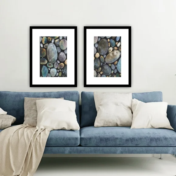 Set of 2 Watercolour Pebble Art Prints - Earthy Blue & Gray Stone Wall Decor - Picture 2 of 6